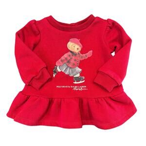 NWOT Ralph Lauren Polo Bear Baby Girl Peplum Sweatshirt, Red, 3 Months